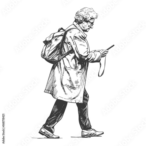 Senior on the Go: Ink Sketch of Woman Texting While Walking with Backpack.