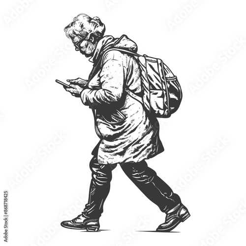 Elderly Woman with Backpack Texting While Walking, Hand-Drawn Style.