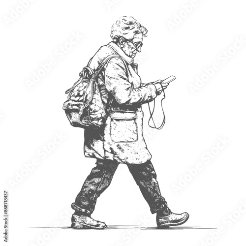 Elderly Woman Strolling, Phone in Hand, Detailed Sketch Style, Backpack, Isolated.