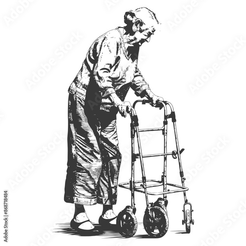 Etched Elder: Woman with Walker, Black and White Detail.