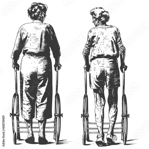 Elderly Women Walking with Walker: Back View, Engraved Style, Aging Comparison.