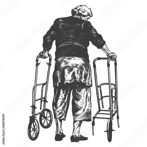 Elderly Woman's Struggle: Back View of Senior with Empty Shopping Carts, Hand-Drawn Illustration.