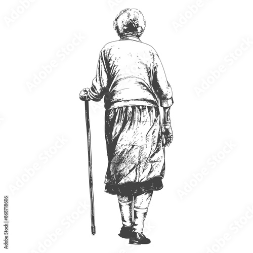 Elderly Woman with Walking Stick: Back View, Sepia Sketch.