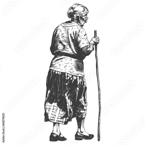 Elderly Woman with Walking Stick, Vintage Etching Style, Back View.