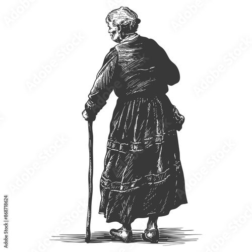 Elderly Woman with Cane: Back View, Vintage Engraving Style