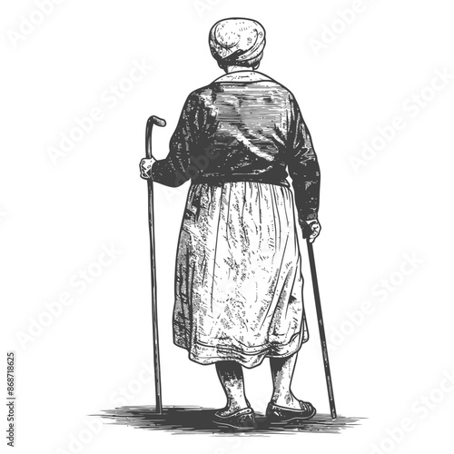 Old Woman with Canes: Vintage Engraving, Back View, Traditional Dress, White Background.