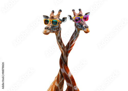 Cool giraffe wearing a colorful sunglasses, isolated on free png background. Two curious gute giraffe peeks from above. Isolated on free png background.