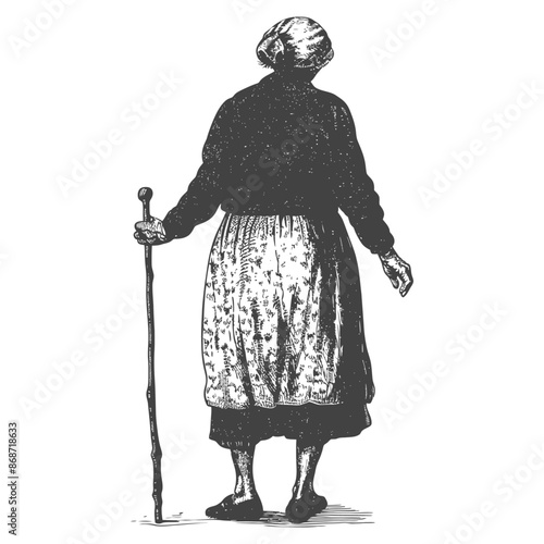 Engraving of elderly woman with cane, back view, vintage illustration, full length.