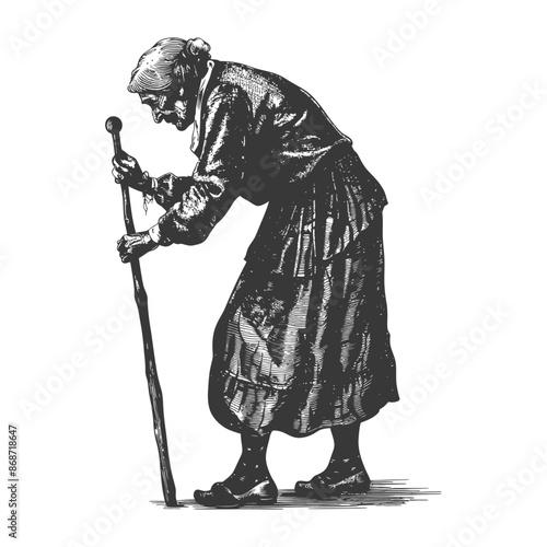 Etched Elderly Woman: Stooped with Cane, Historical Illustration.