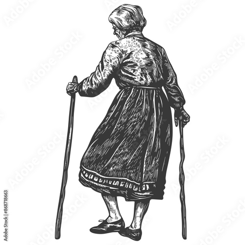 Woodcut Elderly Woman Walking with Two Canes, Back View.