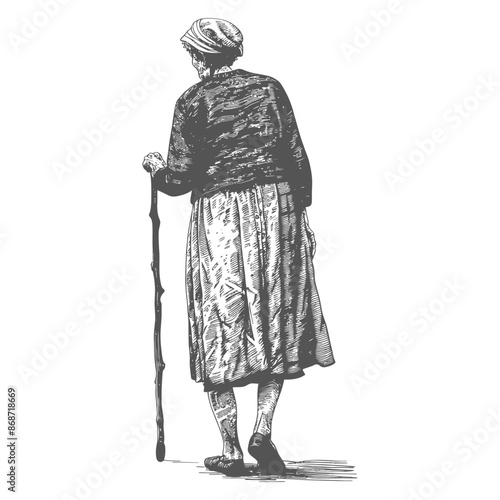 Elderly Woman with Cane, Back View - Vintage Style Illustration