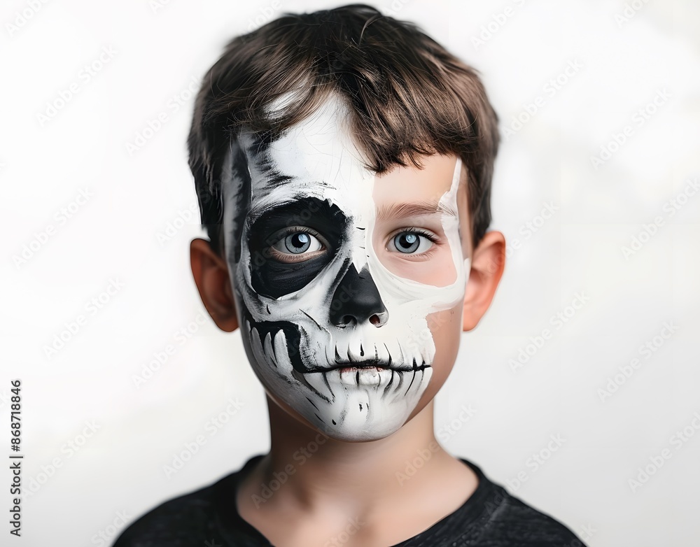 Young Boy with Half Skeleton Face Paint in Studio Young Boy with Half Skeleton Face Paint in Studio