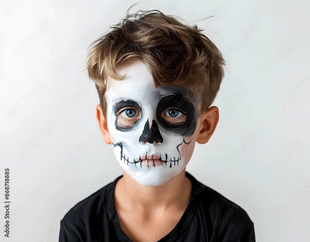 Young Boy with Half Face Painted Like a Skull in Studio Portrait Young Boy with Half Face Painted Like a Skull in Studio Portrait