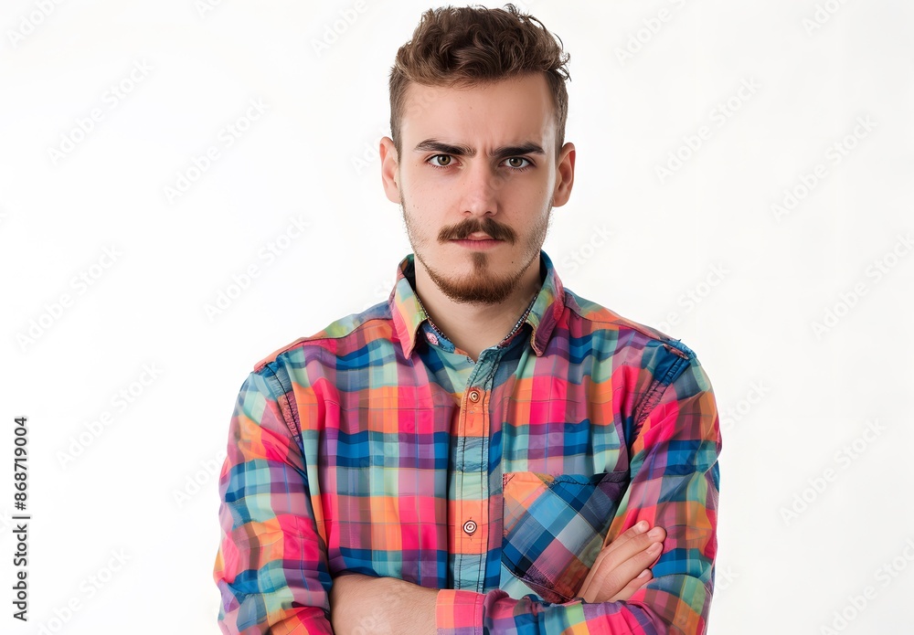 Young man with mustache in colorful plaid shirt looking angry Young man with mustache in colorful plaid shirt looking angry