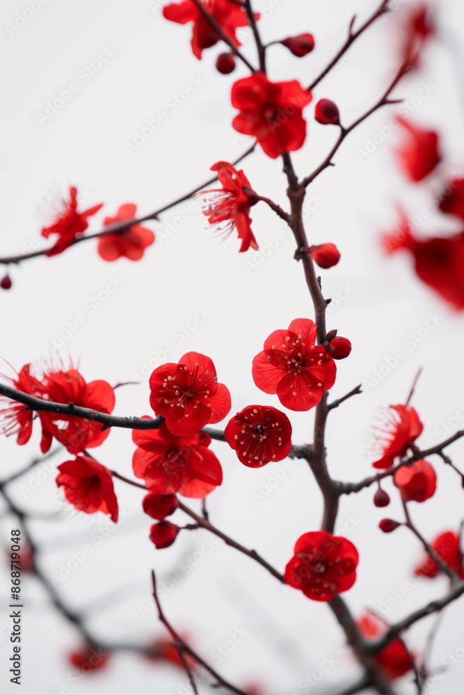 A branch with red flowers is shown in a white background. The flowers are in full bloom and are very vibrant. Concept of beauty and freshness A branch with red flowers is shown in a white background. The flowers are in full bloom and are very vibrant. Concept of beauty and freshness