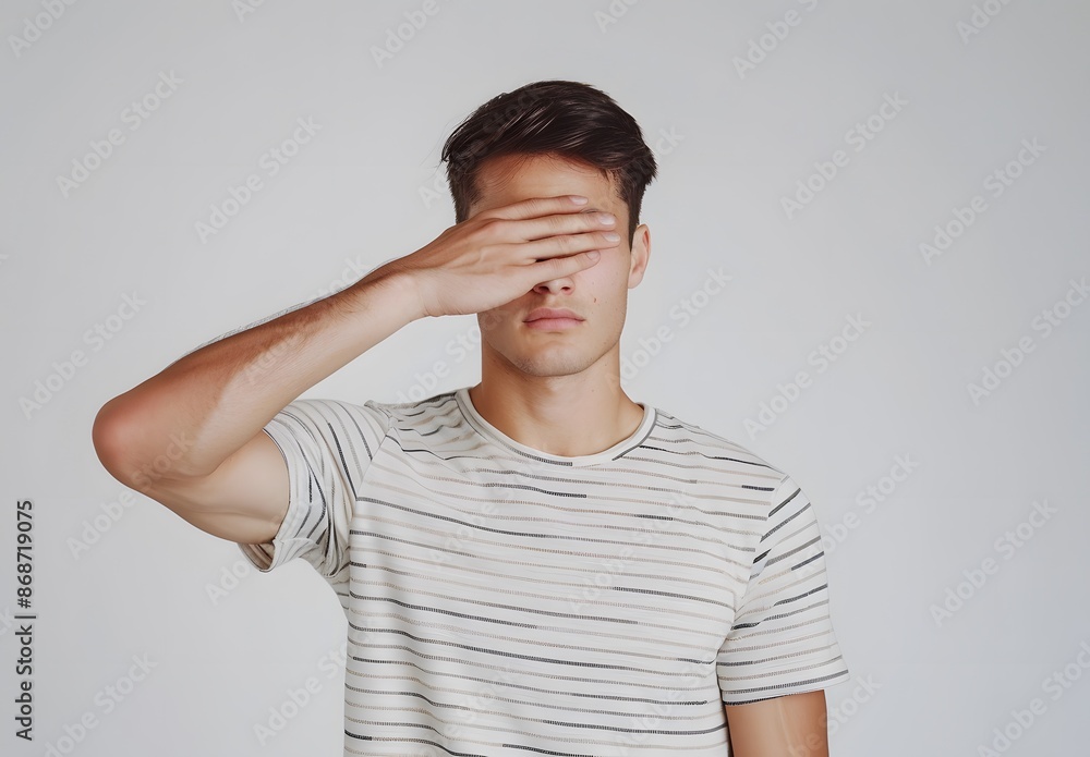 Young man covering eyes with hand over white background Young man covering eyes with hand over white background