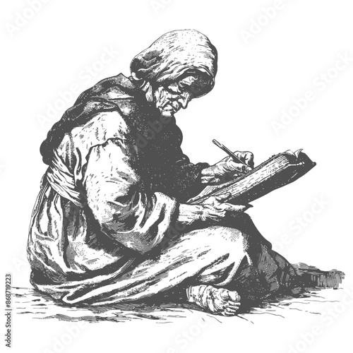 Ancient Scribe: Elderly Figure Writing on Tablet, Detailed Engraving.