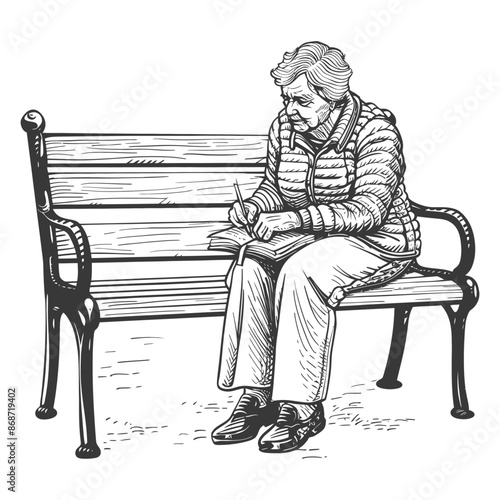 Pensive Sketch: Elderly Woman Writing in Journal on Park Bench, Hand-Drawn Detail.