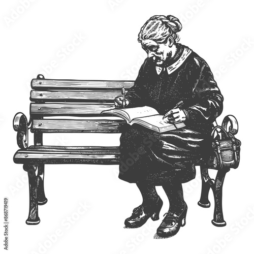 Elderly Woman on Park Bench Writing in Journal, Black and White Illustration.
