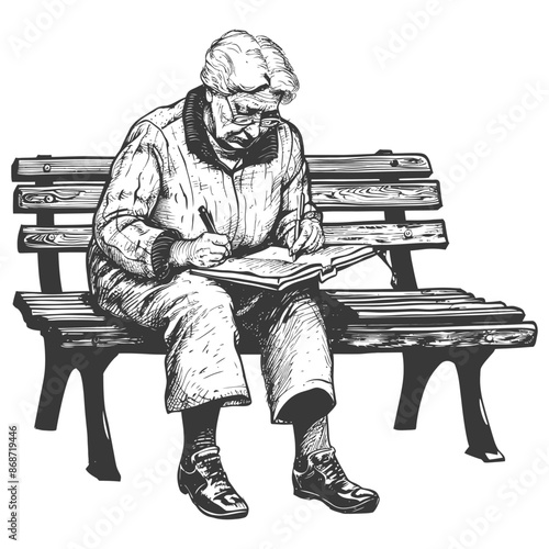 Elderly Woman Sketch: Bench, Writing, Focused, Tranquil Moment.
