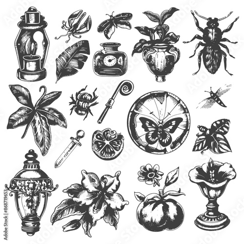 Victorian Era Entomology Collection: Hand-Drawn Insects, Flora, and Curiosities.