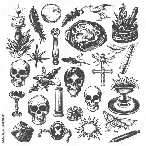 Esoteric Engravings: Skulls, Candles, Moon, and Mystic Symbols, Vintage Hand-Drawn Collection.