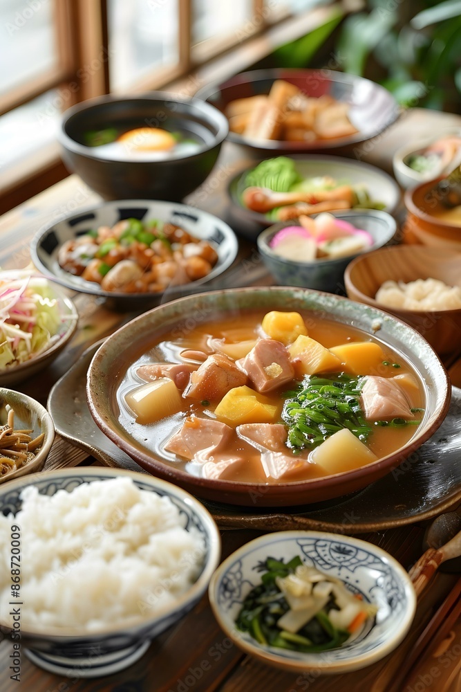 Japanese set meal with various dishes Japanese set meal with various dishes