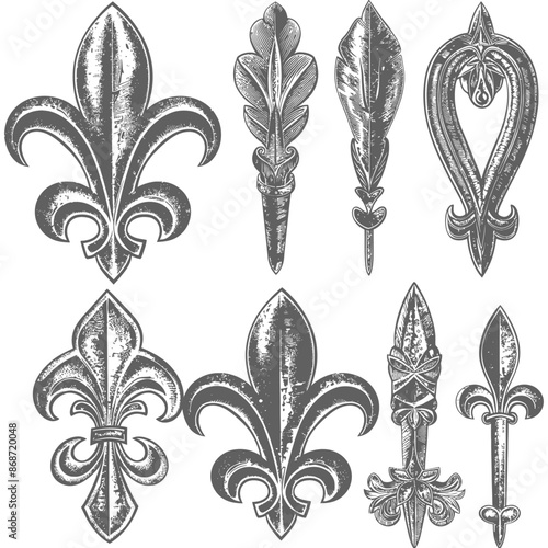 Engraved Fleur-de-Lis & Ornamental Designs: Vintage Heraldic Elements Vector Set