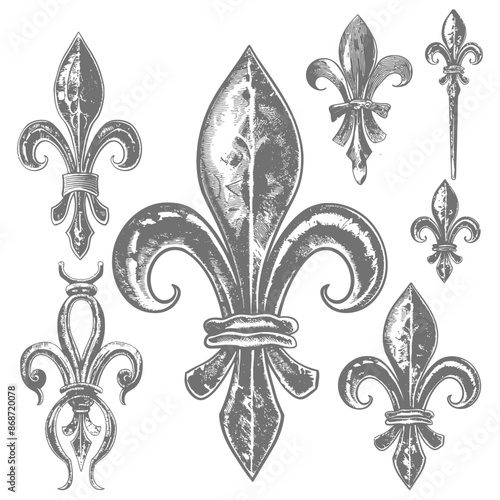 Fleur-de-lis Sketches: Collection of Detailed Heraldic Lily Motifs, Engraved Style.