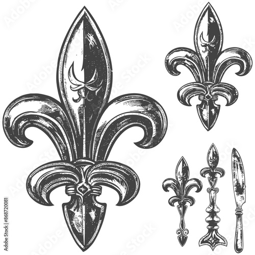 Fleur-de-lis Etching: Ornate Heraldic Symbols, Hand-Drawn Style