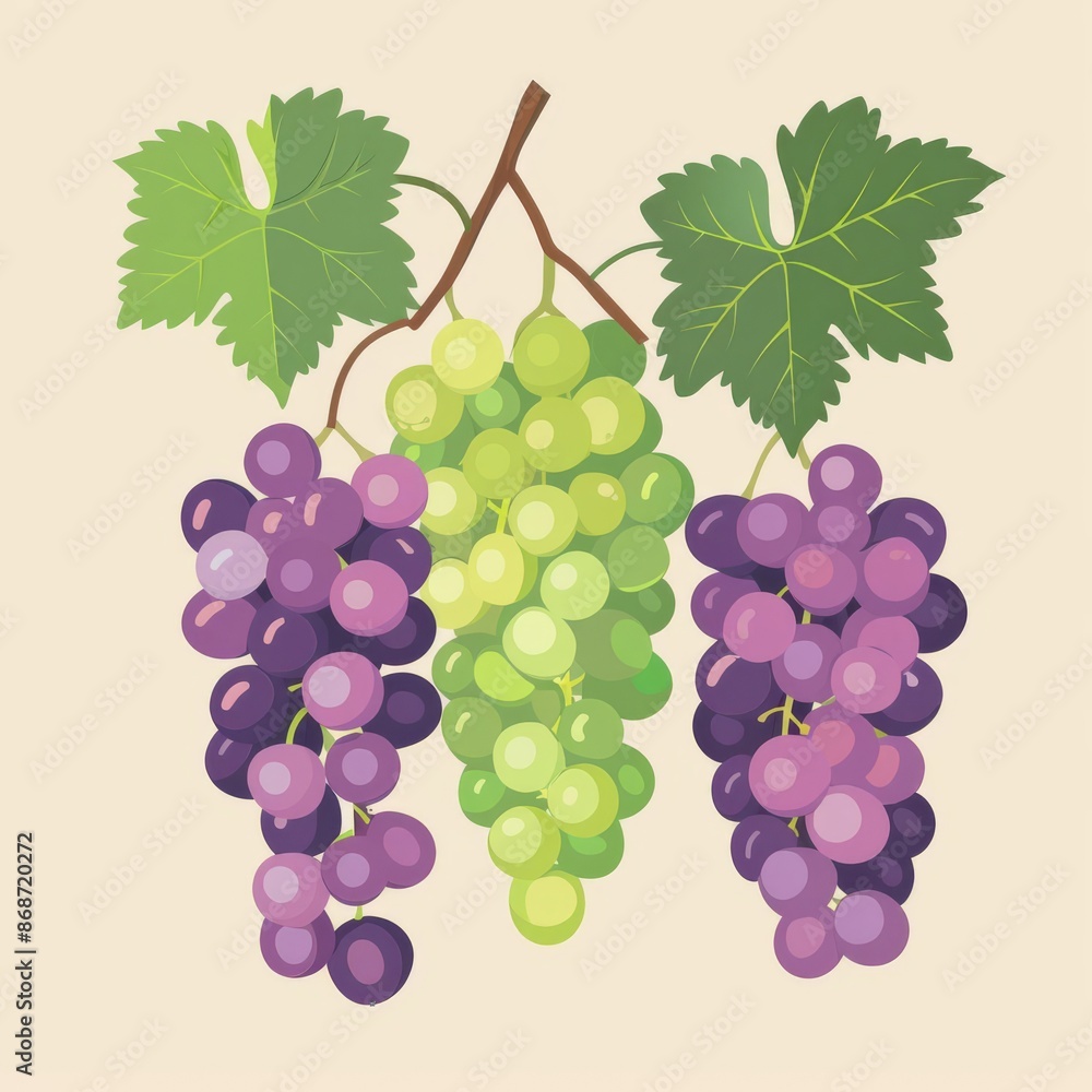 Obraz premium Grapes and vine, purple and green grapes, flat design illustration