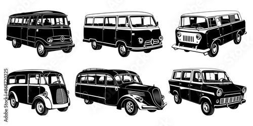 Vintage Van and Minibus Silhouettes. Vector cliparts isolated on white.
