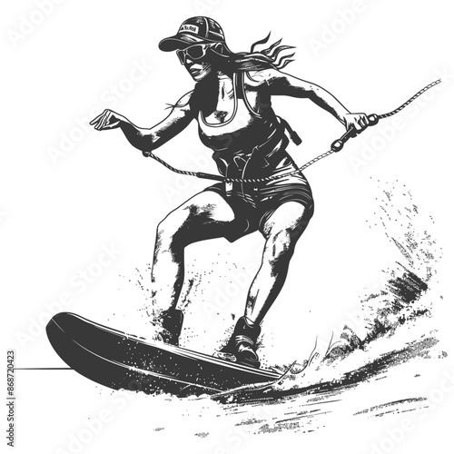Monochrome Watersports: Action Shot of a Female Wakeboarder in Motion.