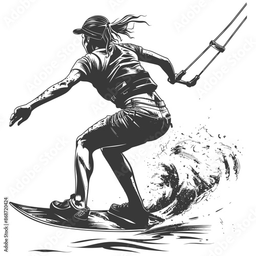 Kitesurfer Girl: Dynamic Black and White Vector Illustration on Water.