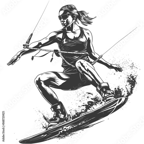Monochrome Kiteboarder: Action Illustration of Woman Riding Waves.