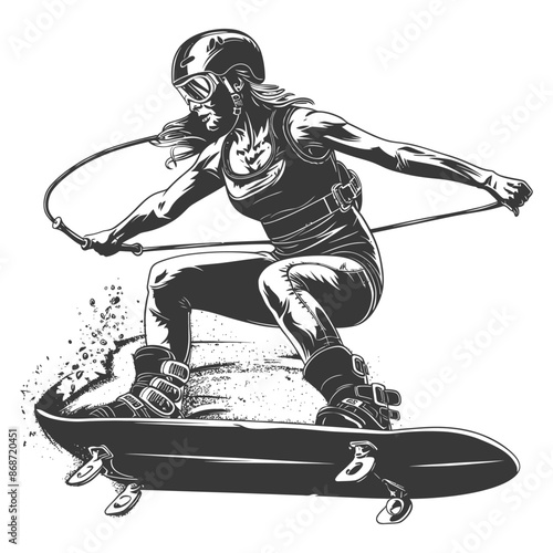 Engraved Wakeboarder: Female Rider, Protective Gear, Artistic Silhouette, Active Sport.