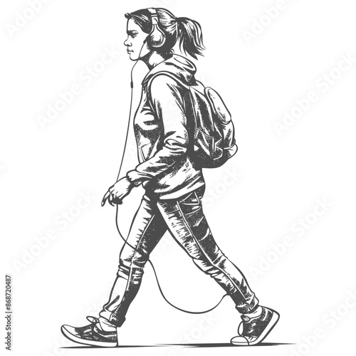 Urban Walker: Line Art Girl with Headphones and Backpack.