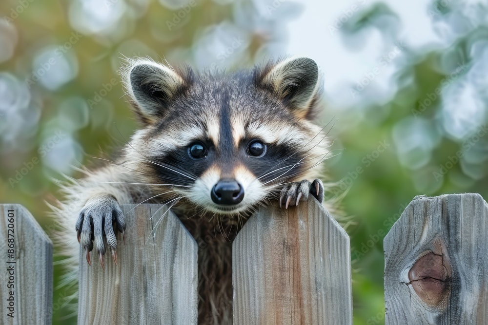 A raccoon climbing a fence in a backyard, natural setting, clear sky, daytime, high resolution, detailed fur texture A raccoon climbing a fence in a backyard, natural setting, clear sky, daytime, high resolution, detailed fur texture