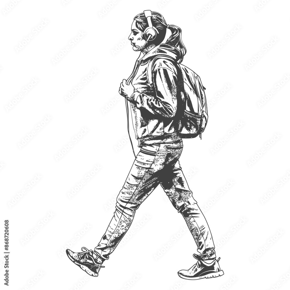 Fototapeta premium Sketch of a Walking Woman with Backpack and Headphones