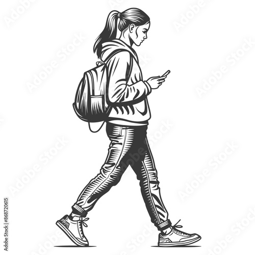 Vintage Style Illustration: Young Woman Walking, Texting, Backpack