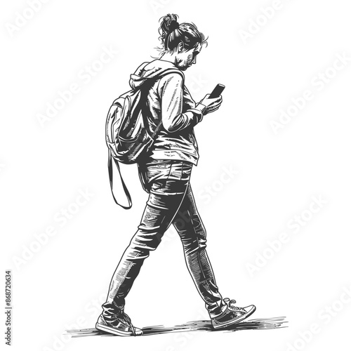 Engrossed: Monochrome Sketch of a Young Woman Walking, Texting, Backpack