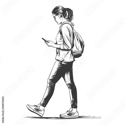Sketch of Young Woman Walking, Smartphone in Hand, Backpack