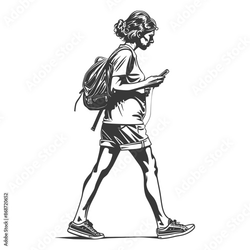 Engrossed Walker: Monochrome Illustration of Woman with Backpack Using Smartphone