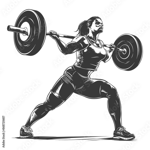Monochrome illustration: Powerful Female Weightlifter in Low Squat Position