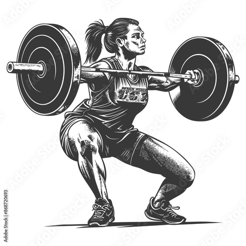 Monochrome Illustration: Female Weightlifter in Low Squat Position with Barbell