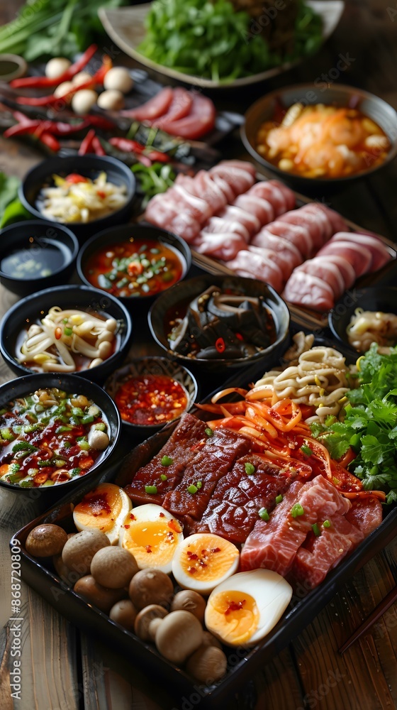 A variety of ingredients are arranged on a wooden table, including beef, pork, mushrooms, eggs, and vegetables. A variety of ingredients are arranged on a wooden table, including beef, pork, mushrooms, eggs, and vegetables.