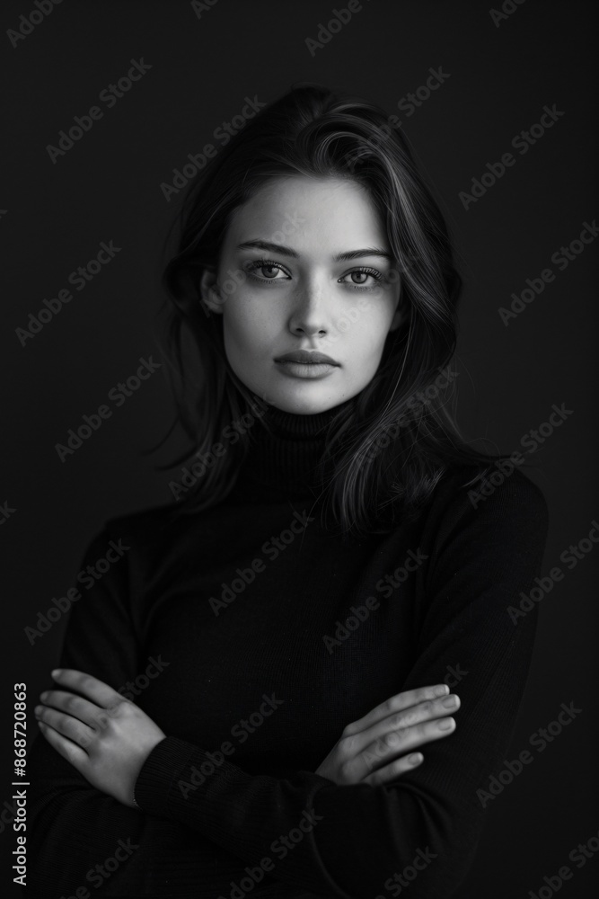 Black and White Portrait of Young Woman in Turtleneck Sweater Black and White Portrait of Young Woman in Turtleneck Sweater