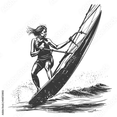 Windsurfing Woman: Monochrome Sketch, Dynamic Pose, Ocean Waves