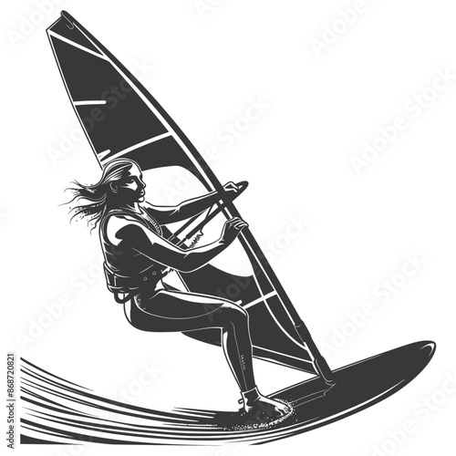 Dynamic Windsurfer Silhouette: Monochrome Action Water Sport Illustration