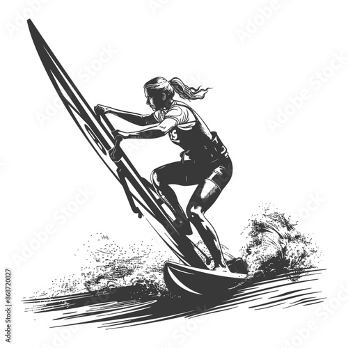 Dynamic Windsurfer: Monochrome Sketch of Female Athlete Carving Waves